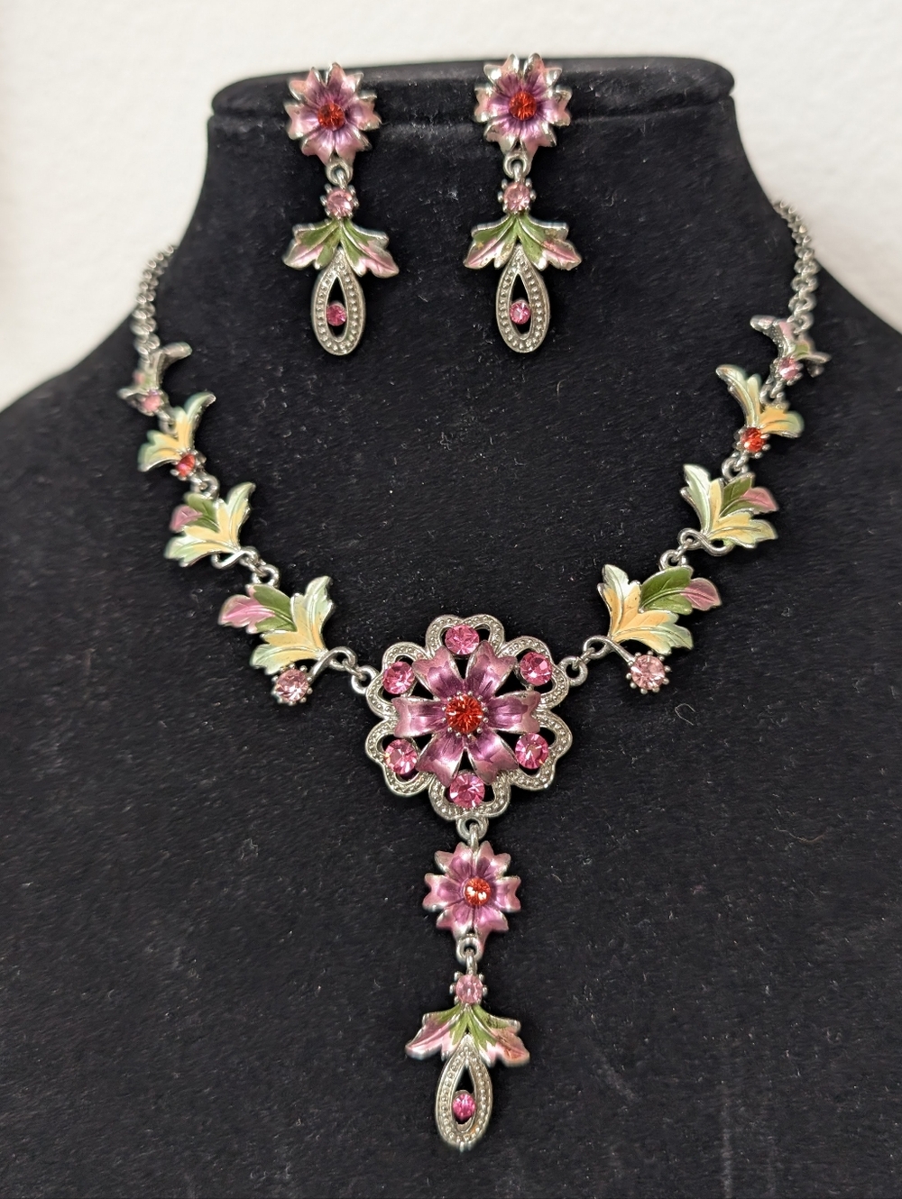 Pink Yellow Green Enamel Floral Necklace & Dangle Earrings Set Pink Rhinestones